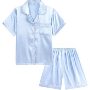 imageDIPUG Girls Pajamas Satin Pajama Set Silk Pjs Short Sleeve SleepwearMiddle Blue