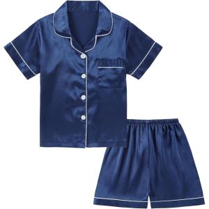 imageDIPUG Girls Pajamas Satin Pajama Set Silk Pjs Short Sleeve SleepwearNavy