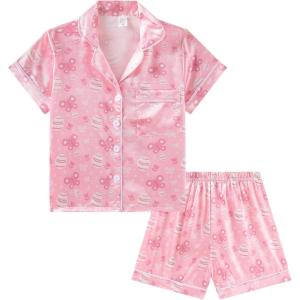 imageDIPUG Girls Pajamas Satin Pajama Set Silk Pjs Short Sleeve SleepwearPink Butterfly