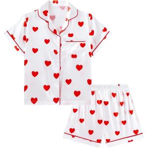 imageDIPUG Girls Pajamas Satin Pajama Set Silk Pjs Short Sleeve SleepwearRed Heart