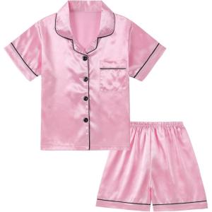 imageDIPUG Girls Pajamas Satin Pajama Set Silk Pjs Short Sleeve SleepwearRose Pink