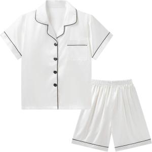 imageDIPUG Girls Pajamas Satin Pajama Set Silk Pjs Short Sleeve SleepwearWhite