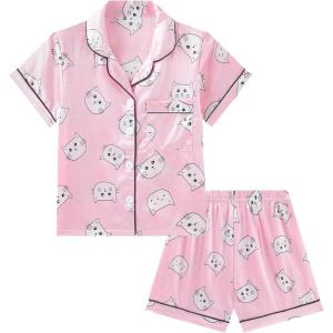 imageDIPUG Girls Pajamas Satin Pajama Set Silk Pjs Short Sleeve SleepwearWhite Cat