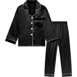 imageDIPUG Girls Satin Pajamas Long Sleeve Sleepwear Set Silky Feel Pjs for Kids Ages 4 to 13Black
