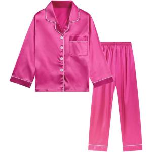 imageDIPUG Girls Satin Pajamas Long Sleeve Sleepwear Set Silky Feel Pjs for Kids Ages 4 to 13Hot Pink