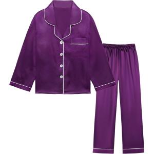 imageDIPUG Girls Satin Pajamas Long Sleeve Sleepwear Set Silky Feel Pjs for Kids Ages 4 to 13Mid Purples