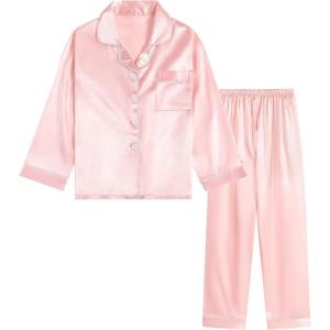 imageDIPUG Girls Satin Pajamas Long Sleeve Sleepwear Set Silky Feel Pjs for Kids Ages 4 to 13Pink