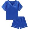 imageDIPUG Girls Pajamas Set Silky Satin Short Sleeve V Neck Pjs Soft Homewear Sleepwear 612 YearsRoyal Blue