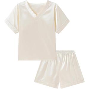 imageDIPUG Girls Pajamas Set Silky Satin Short Sleeve V Neck Pjs Soft Homewear Sleepwear 612 YearsBeige