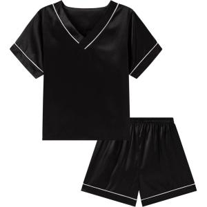 imageDIPUG Girls Pajamas Set Silky Satin Short Sleeve V Neck Pjs Soft Homewear Sleepwear 612 YearsBlack