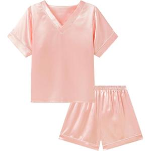 imageDIPUG Girls Pajamas Set Silky Satin Short Sleeve V Neck Pjs Soft Homewear Sleepwear 612 YearsBlush