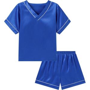 imageDIPUG Girls Pajamas Set Silky Satin Short Sleeve V Neck Pjs Soft Homewear Sleepwear 612 YearsRoyal Blue