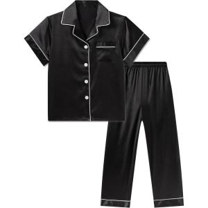 imageDIPUG Girls Satin Pajamas Set with Pockets Soft Sleepwear Girl Pjs Silky Button Down PJBlack