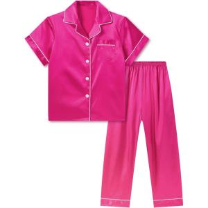 imageDIPUG Girls Satin Pajamas Set with Pockets Soft Sleepwear Girl Pjs Silky Button Down PJHot Pink
