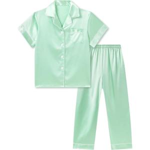imageDIPUG Girls Satin Pajamas Set with Pockets Soft Sleepwear Girl Pjs Silky Button Down PJMint Green