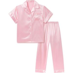 imageDIPUG Girls Satin Pajamas Set with Pockets Soft Sleepwear Girl Pjs Silky Button Down PJPink