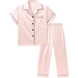 imageDIPUG Girls Satin Pajamas Set with Pockets Soft Sleepwear Girl Pjs Silky Button Down PJPink Stripe