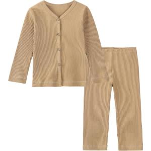 imageDIPUG Toddler Pajamas Cotton FullButton Kids Long Sleeve Pjs Girls Solid Sleepwear Set 12M7YBrown