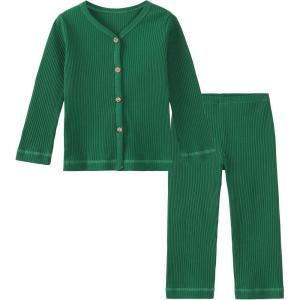 imageDIPUG Toddler Pajamas Cotton FullButton Kids Long Sleeve Pjs Girls Solid Sleepwear Set 12M7YDark Green