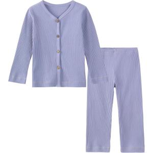 imageDIPUG Toddler Pajamas Cotton FullButton Kids Long Sleeve Pjs Girls Solid Sleepwear Set 12M7YPurple