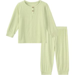 imageDIPUG Toddler Pajamas HalfButton Girls Soft Long Sleeve Pjs Set Kids Solid Boys Sleepwear1 2M7YGreen