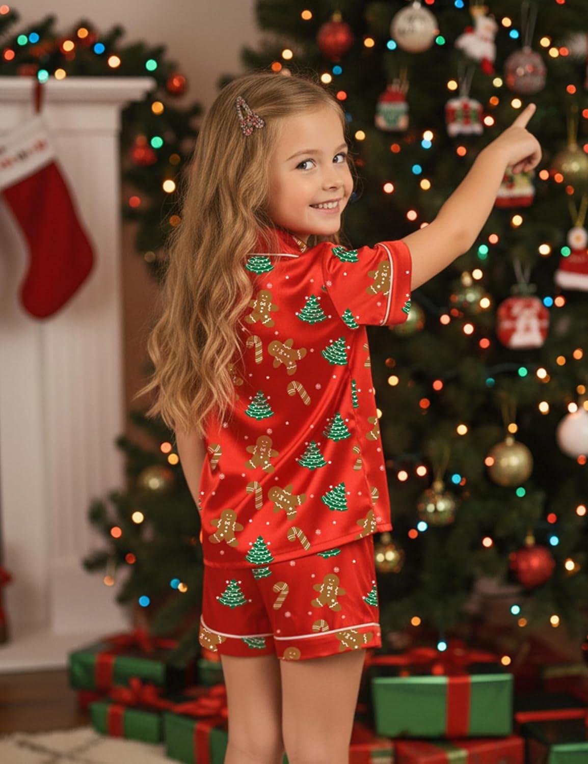 imageDIPUG Girls Pajamas Satin Pajama Set Silk Pjs Short Sleeve SleepwearChristmas Gingerbread