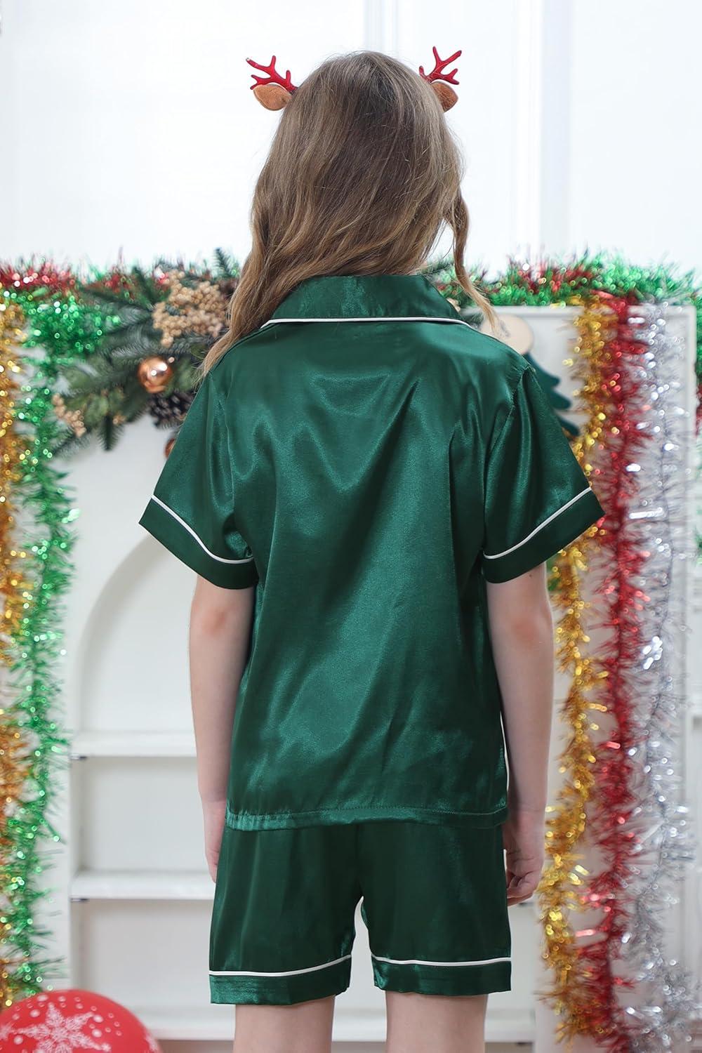 imageDIPUG Girls Pajamas Satin Pajama Set Silk Pjs Short Sleeve SleepwearDark Green