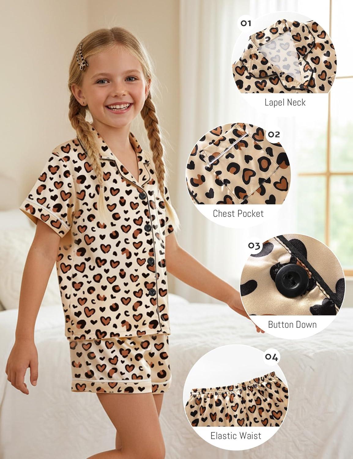 imageDIPUG Girls Pajamas Satin Pajama Set Silk Pjs Short Sleeve SleepwearHeart Leopard
