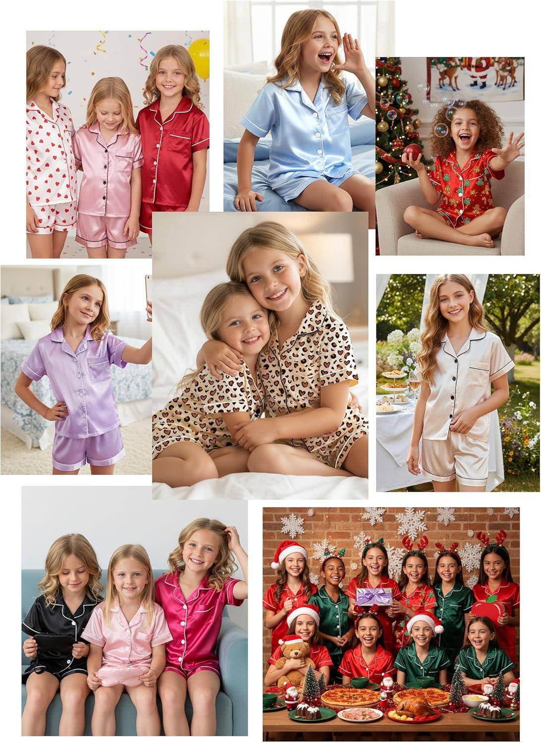 imageDIPUG Girls Pajamas Satin Pajama Set Silk Pjs Short Sleeve SleepwearHeart Leopard