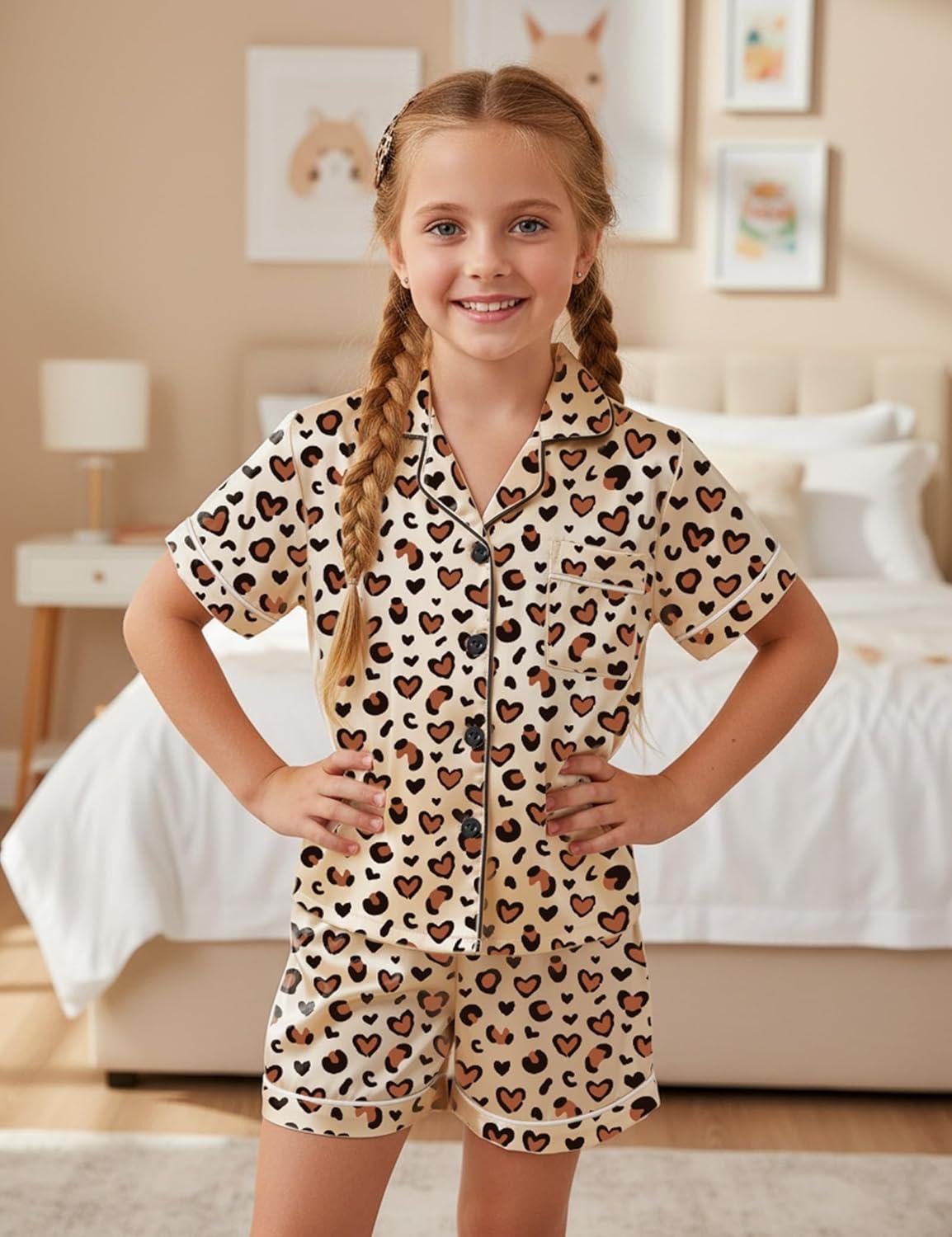 imageDIPUG Girls Pajamas Satin Pajama Set Silk Pjs Short Sleeve SleepwearHeart Leopard