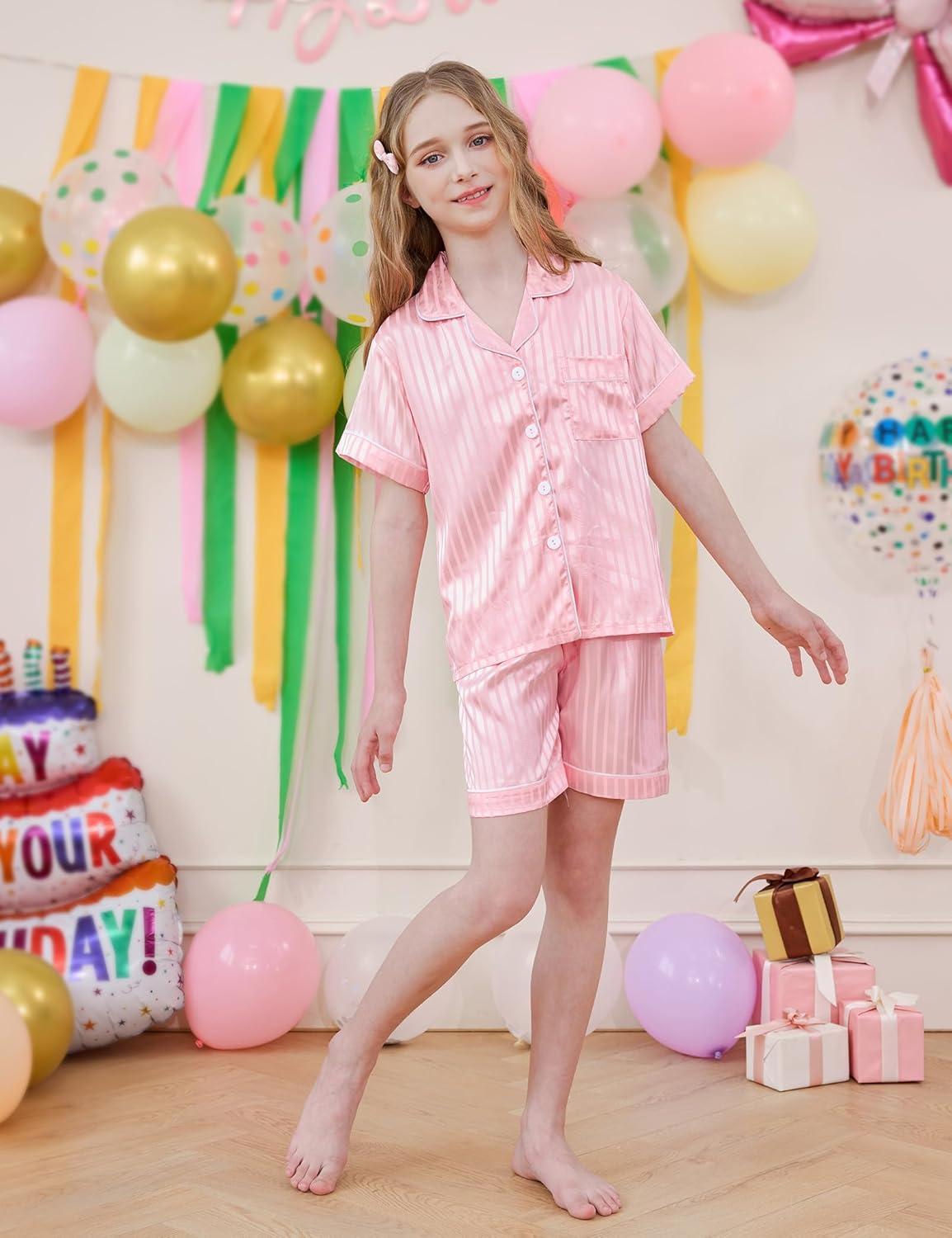 imageDIPUG Girls Pajamas Satin Pajama Set Silk Pjs Short Sleeve SleepwearJacquard Light Pink