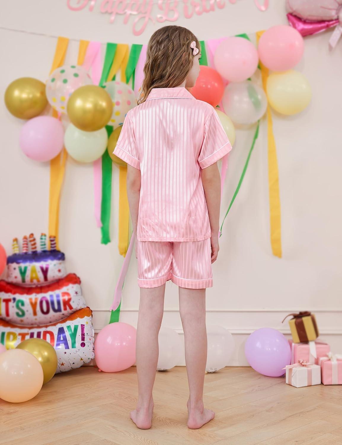imageDIPUG Girls Pajamas Satin Pajama Set Silk Pjs Short Sleeve SleepwearJacquard Light Pink
