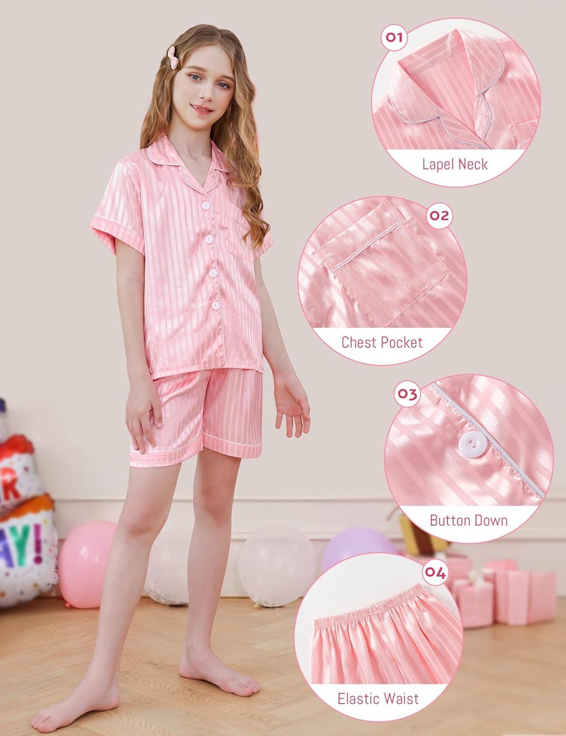 imageDIPUG Girls Pajamas Satin Pajama Set Silk Pjs Short Sleeve SleepwearJacquard Light Pink