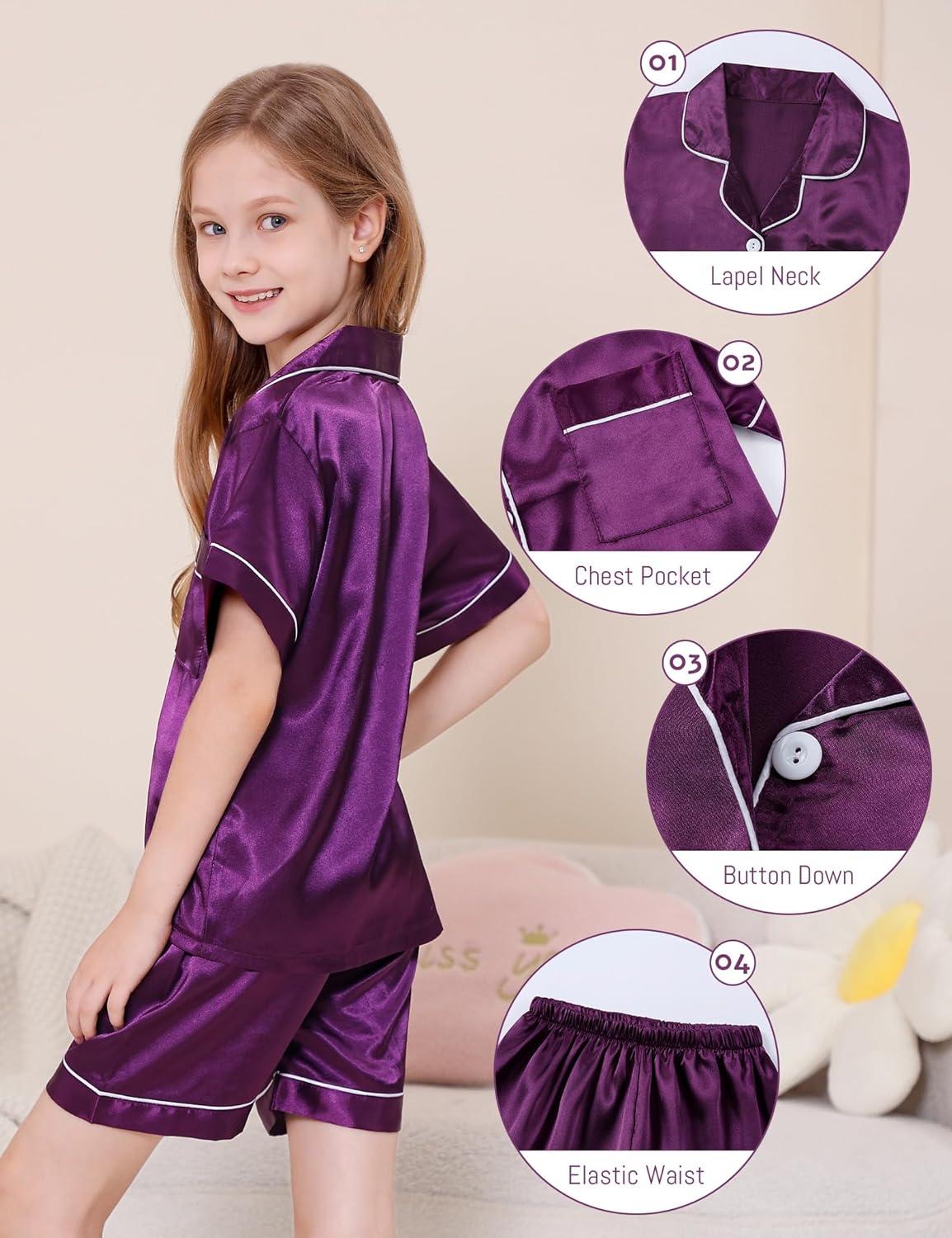 imageDIPUG Girls Pajamas Satin Pajama Set Silk Pjs Short Sleeve SleepwearMiddle Purple