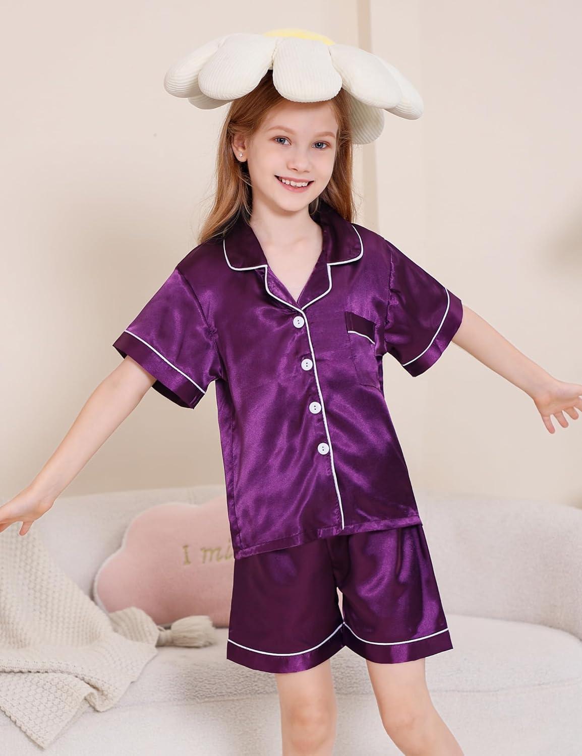 imageDIPUG Girls Pajamas Satin Pajama Set Silk Pjs Short Sleeve SleepwearMiddle Purple