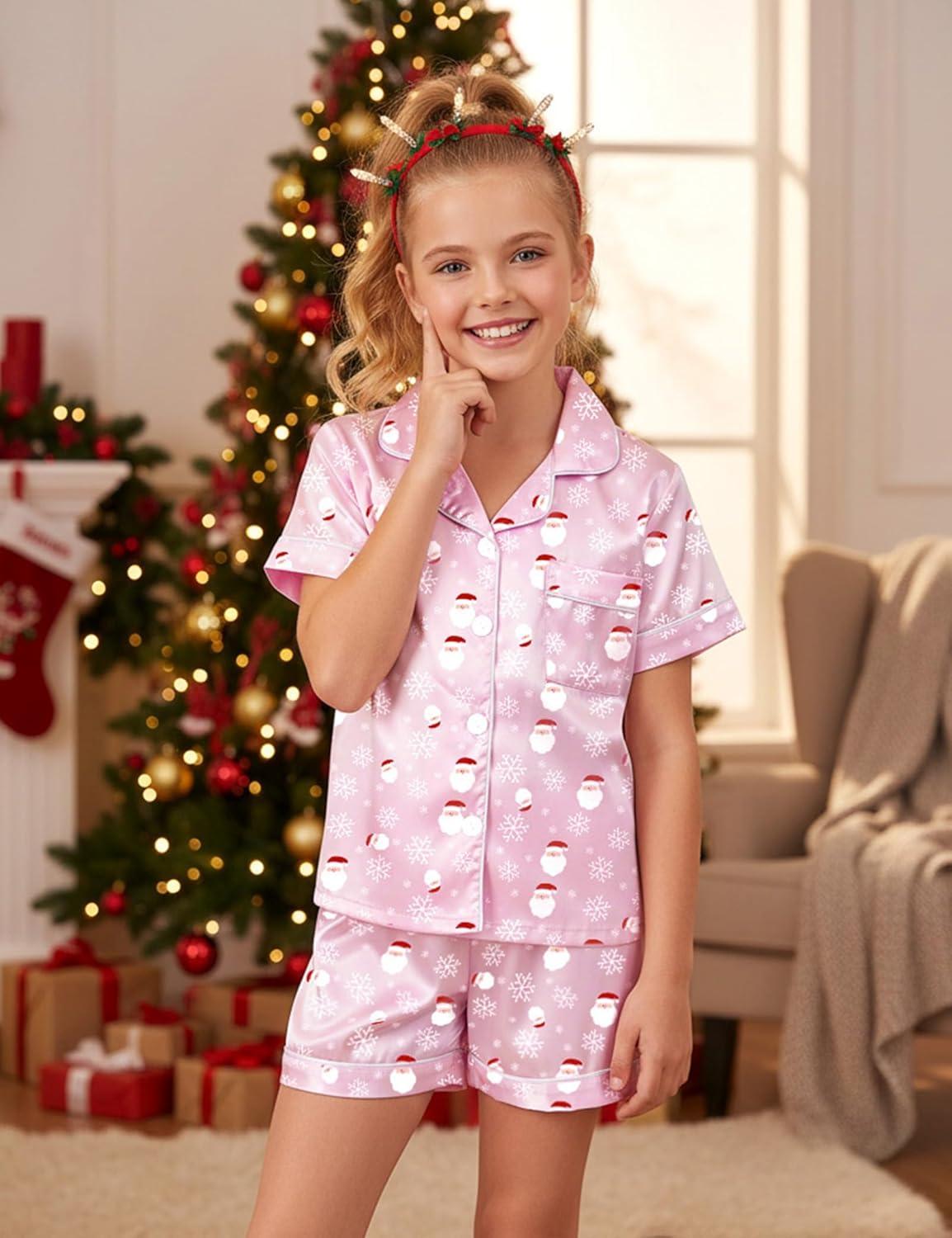 imageDIPUG Girls Pajamas Satin Pajama Set Silk Pjs Short Sleeve SleepwearSanta