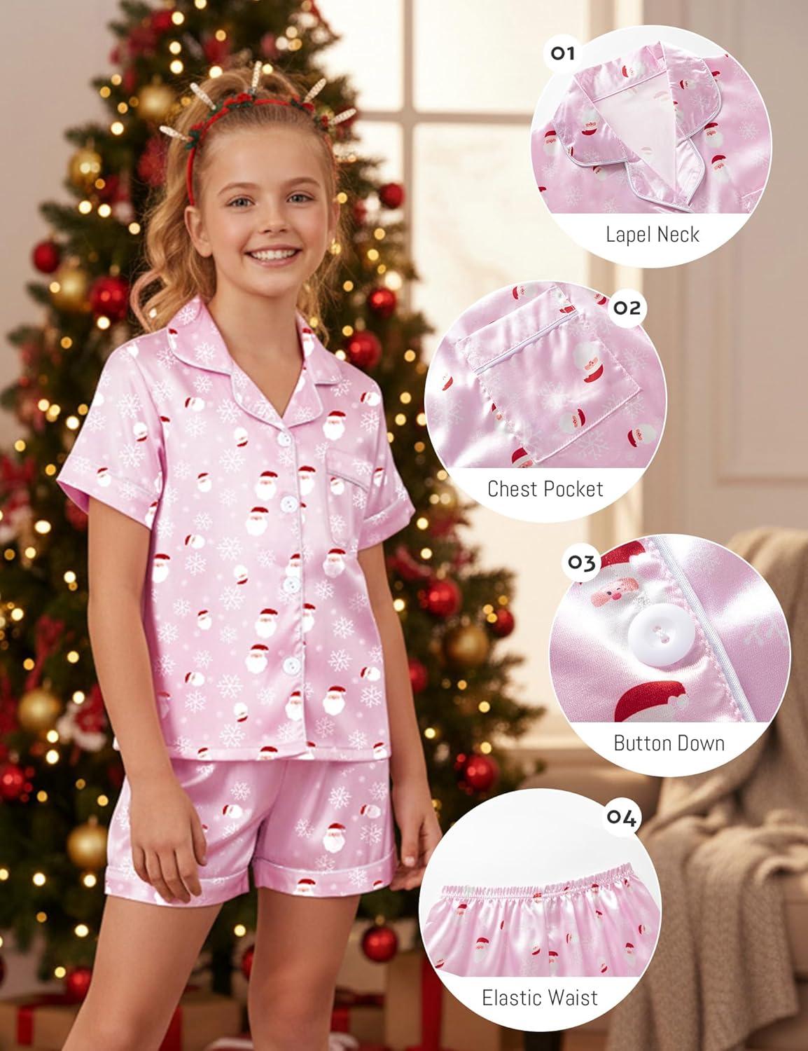 imageDIPUG Girls Pajamas Satin Pajama Set Silk Pjs Short Sleeve SleepwearSanta