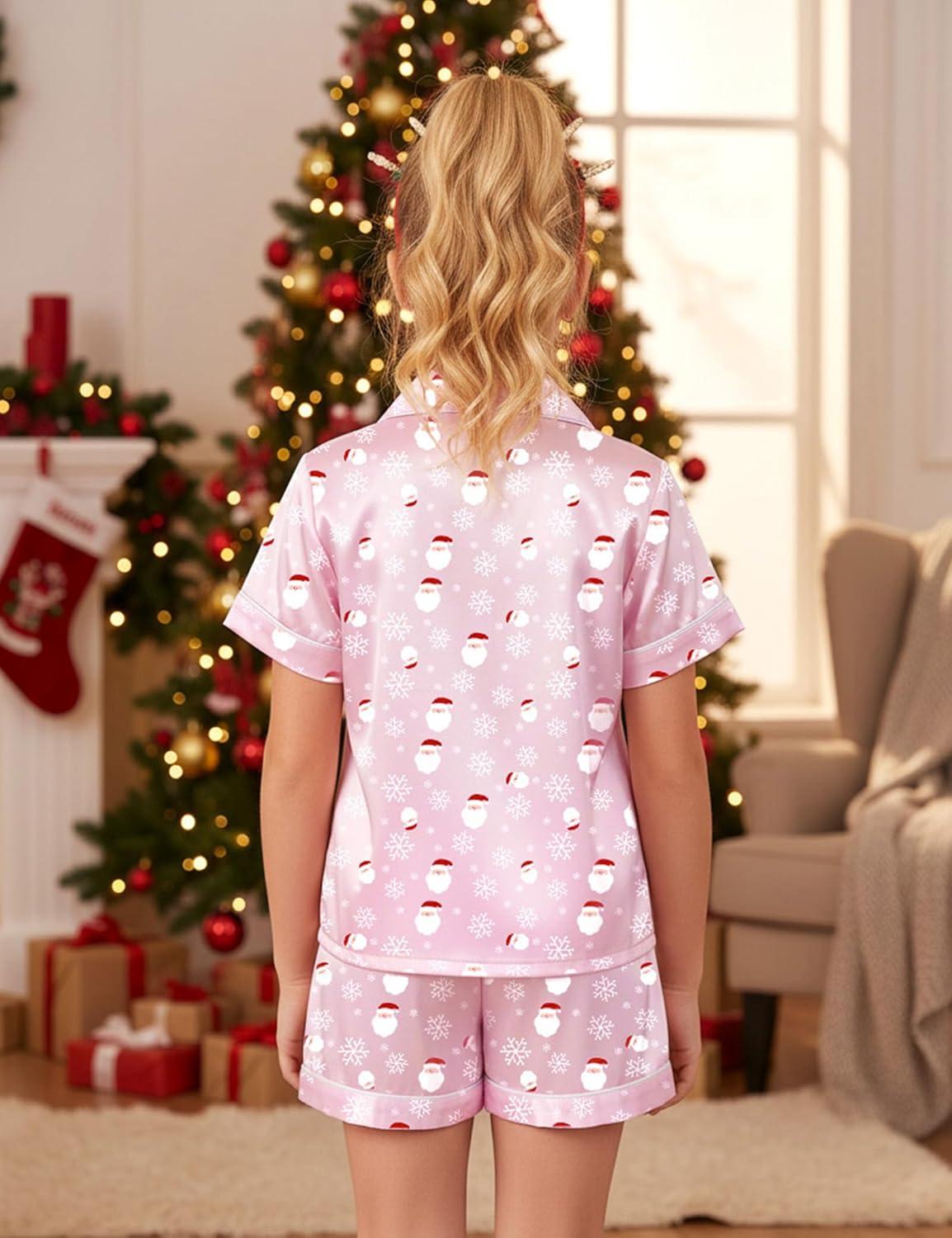 imageDIPUG Girls Pajamas Satin Pajama Set Silk Pjs Short Sleeve SleepwearSanta