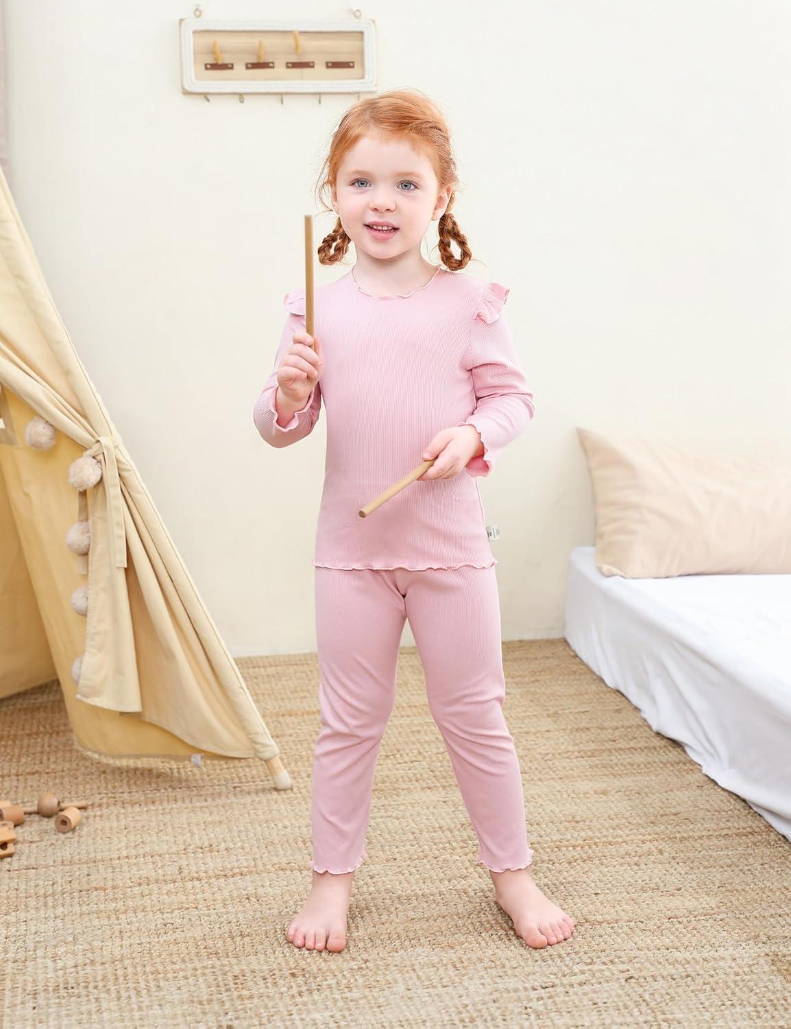 imageDIPUG Toddler Baby Pajamas Long Sleeve Ruffle Pajama Set for Girls Kids Solid Pjs Soft Sleepwear 12M7YPink