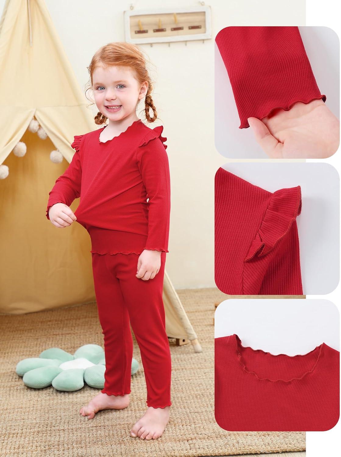imageDIPUG Toddler Baby Pajamas Long Sleeve Ruffle Pajama Set for Girls Kids Solid Pjs Soft Sleepwear 12M7YRed