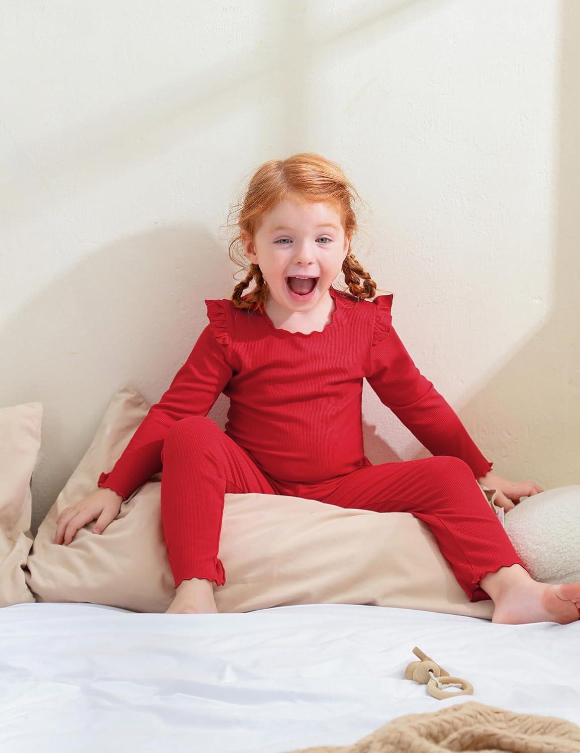 imageDIPUG Toddler Baby Pajamas Long Sleeve Ruffle Pajama Set for Girls Kids Solid Pjs Soft Sleepwear 12M7YRed