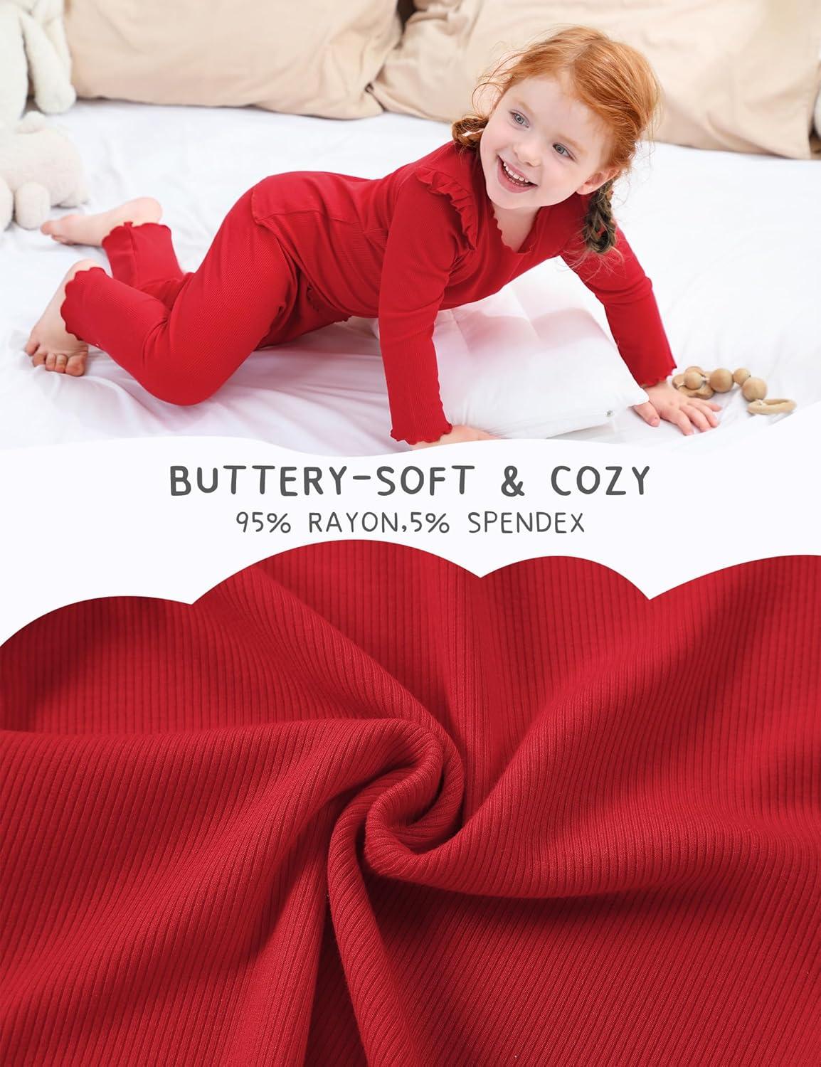 imageDIPUG Toddler Baby Pajamas Long Sleeve Ruffle Pajama Set for Girls Kids Solid Pjs Soft Sleepwear 12M7YRed