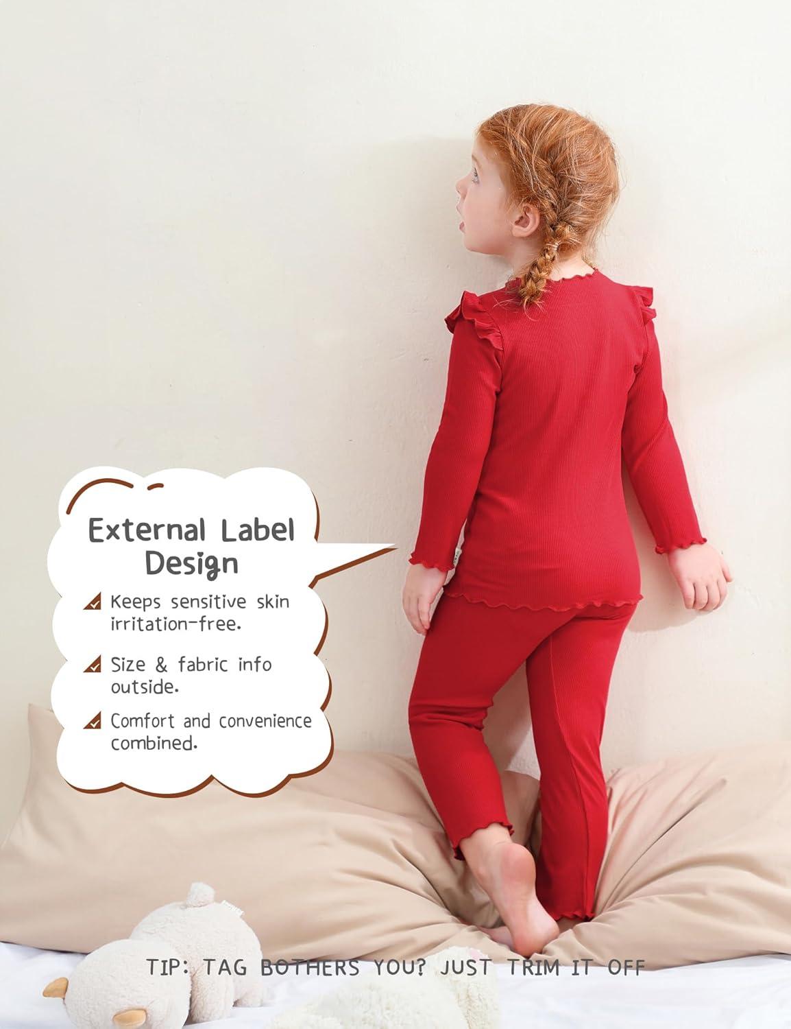 imageDIPUG Toddler Baby Pajamas Long Sleeve Ruffle Pajama Set for Girls Kids Solid Pjs Soft Sleepwear 12M7YRed