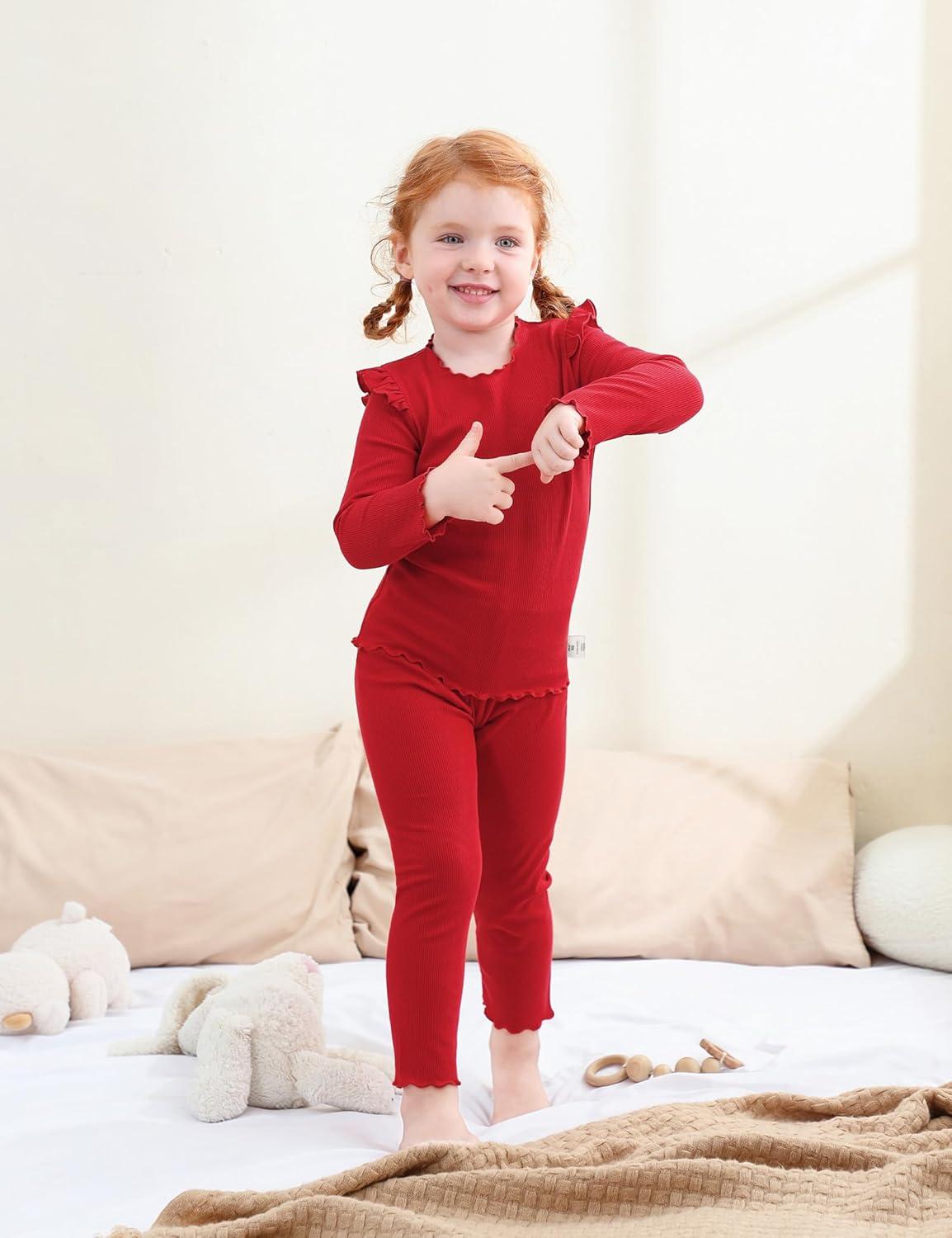 imageDIPUG Toddler Baby Pajamas Long Sleeve Ruffle Pajama Set for Girls Kids Solid Pjs Soft Sleepwear 12M7YRed