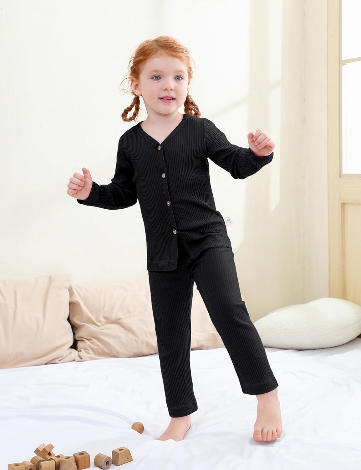 imageDIPUG Toddler Pajamas Cotton FullButton Kids Long Sleeve Pjs Girls Solid Sleepwear Set 12M7YBlack