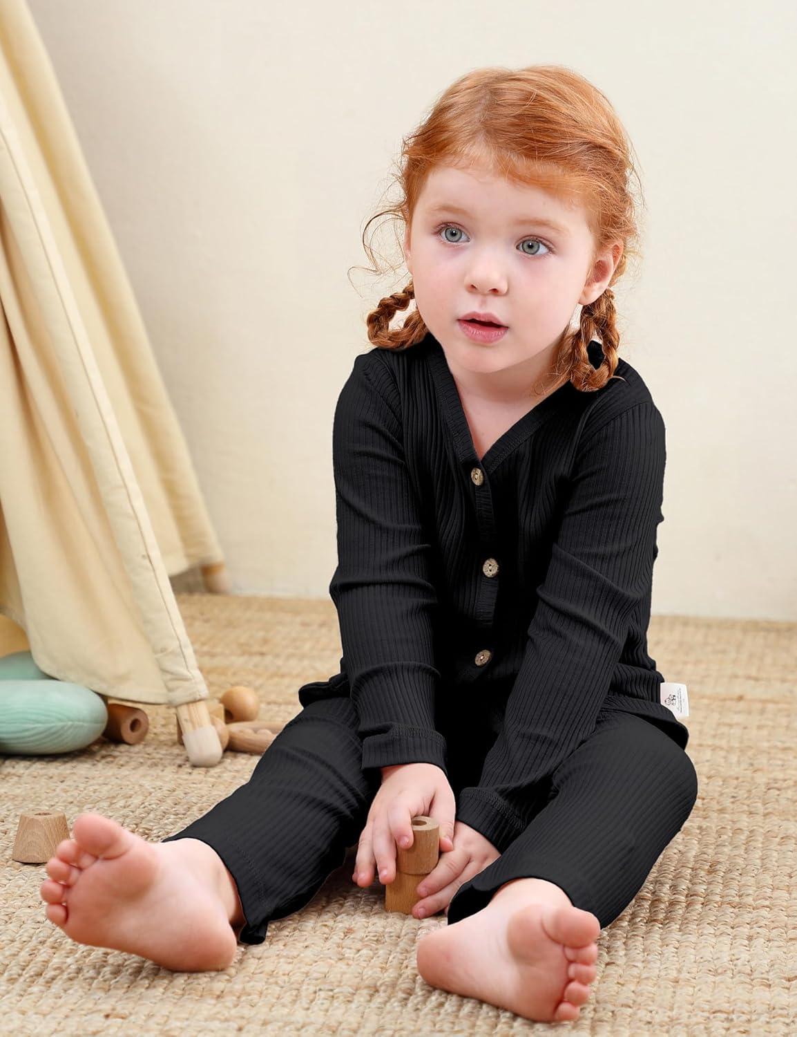 imageDIPUG Toddler Pajamas Cotton FullButton Kids Long Sleeve Pjs Girls Solid Sleepwear Set 12M7YBlack