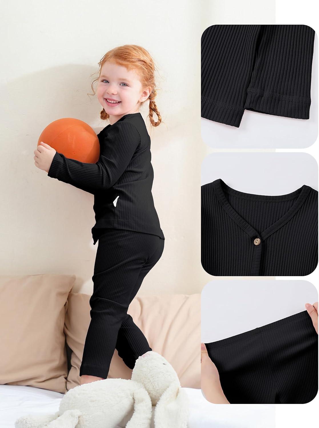 imageDIPUG Toddler Pajamas Cotton FullButton Kids Long Sleeve Pjs Girls Solid Sleepwear Set 12M7YBlack