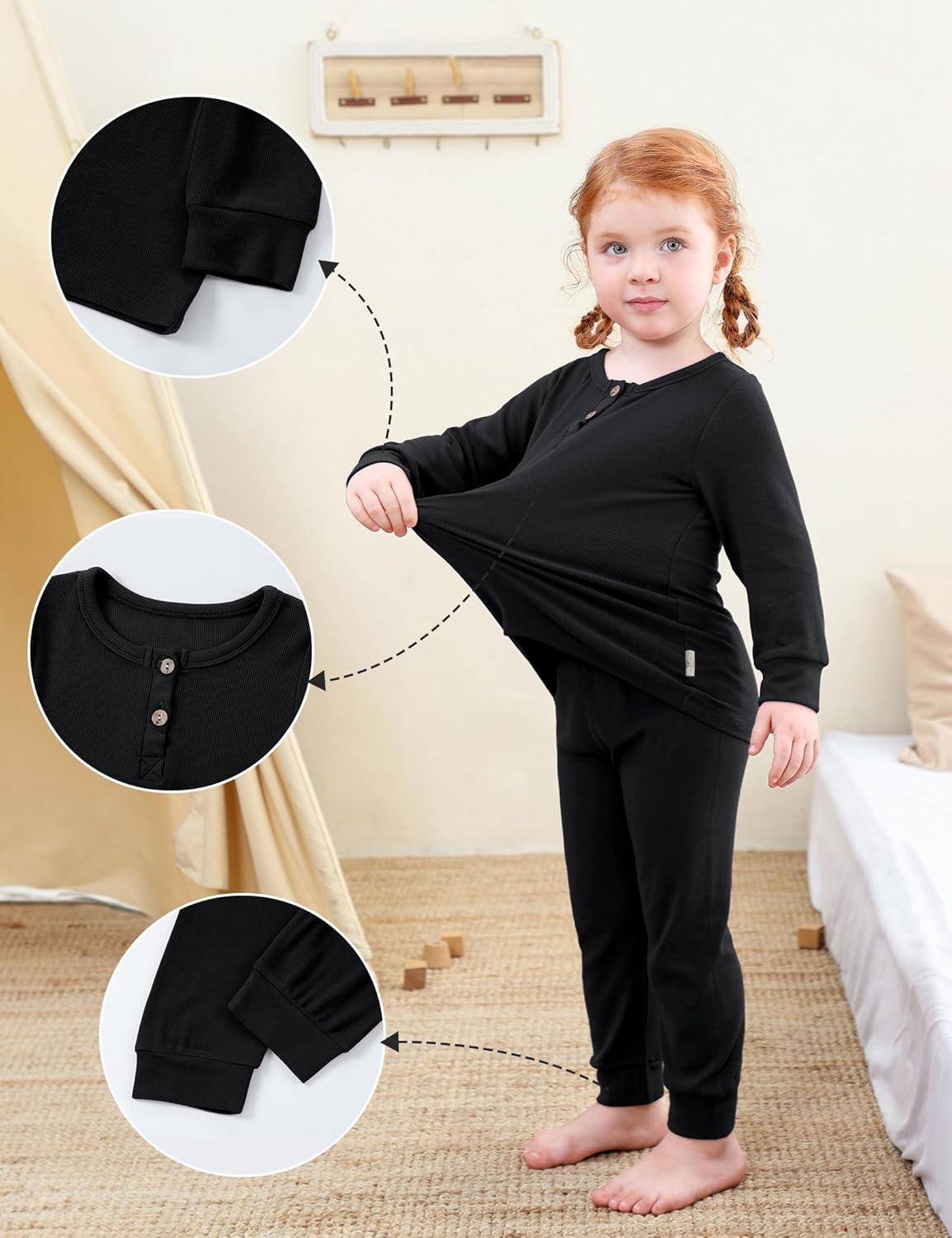 imageDIPUG Toddler Pajamas Long Sleeve HalfButton Girls Pajama Set Kids Solid Pjs Boys Soft Sleepwear 12M7YBlack
