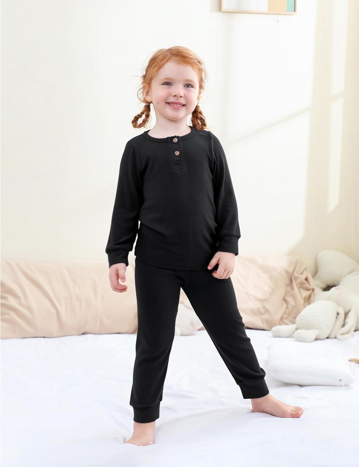 imageDIPUG Toddler Pajamas Long Sleeve HalfButton Girls Pajama Set Kids Solid Pjs Boys Soft Sleepwear 12M7YBlack
