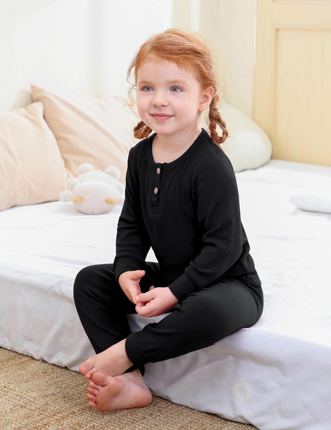 imageDIPUG Toddler Pajamas Long Sleeve HalfButton Girls Pajama Set Kids Solid Pjs Boys Soft Sleepwear 12M7YBlack